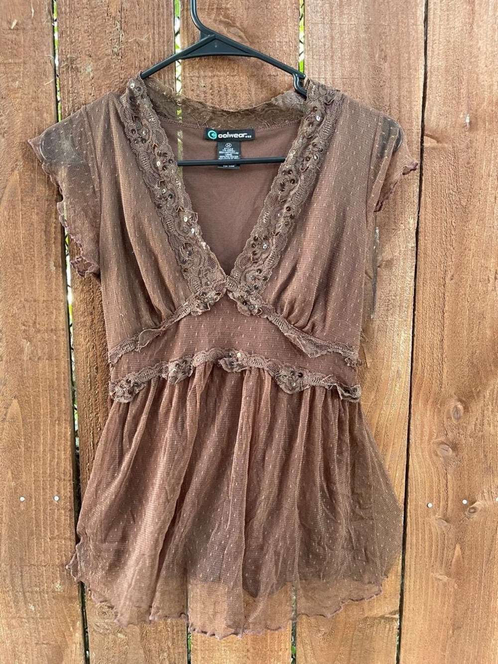 Coolwear Y2k-Vintage Brown Semi Sheer Lace Babydoll Fairy Empire Waist Top Sz M